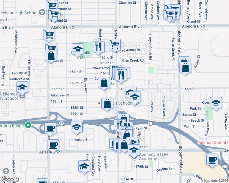 map of restaurants, bars, coffee shops, grocery stores, and more near in Cerritos