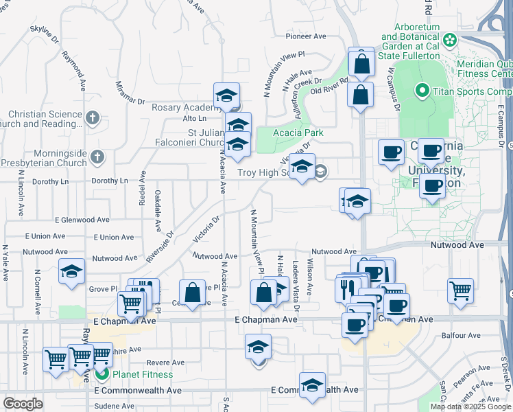 map of restaurants, bars, coffee shops, grocery stores, and more near 1026 North Mountain View Place in Fullerton