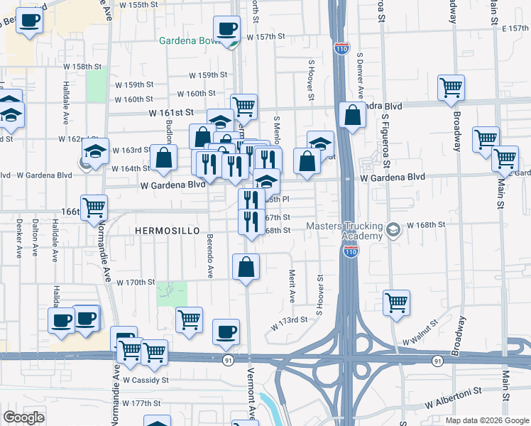 map of restaurants, bars, coffee shops, grocery stores, and more near 812 West 165th Place in Gardena