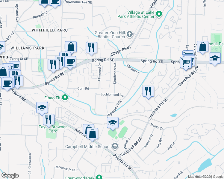 map of restaurants, bars, coffee shops, grocery stores, and more near 3000 Strathmoor Road in Smyrna