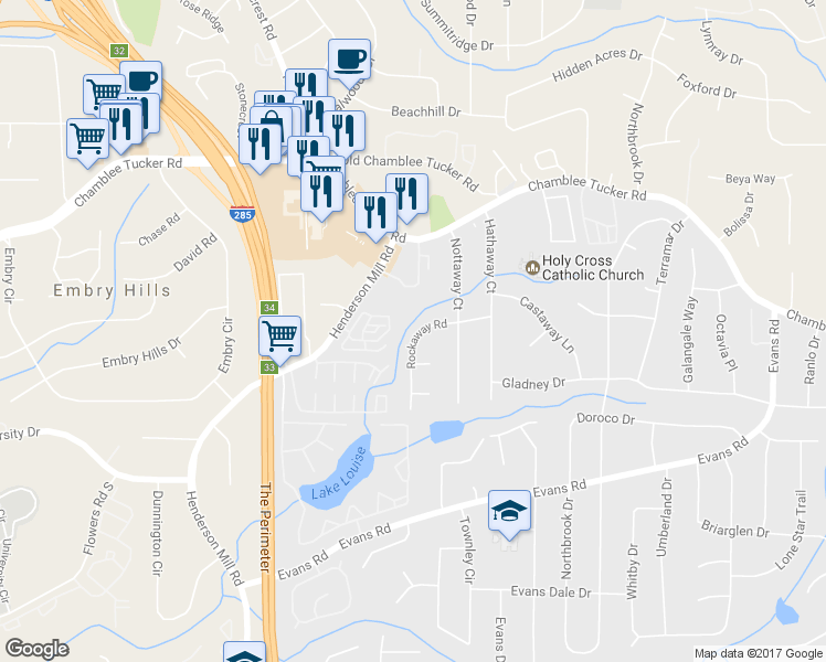 map of restaurants, bars, coffee shops, grocery stores, and more near 3112 Rockaway Road in Chamblee