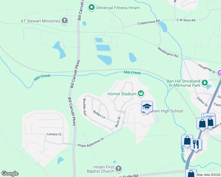 map of restaurants, bars, coffee shops, grocery stores, and more near 231 Baywood Crossing in Hiram