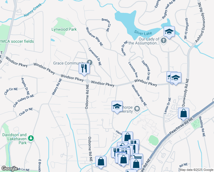 map of restaurants, bars, coffee shops, grocery stores, and more near 1413 Windsor Parkway in Atlanta