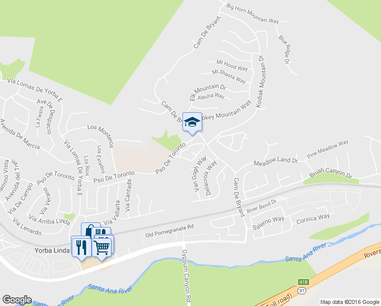 map of restaurants, bars, coffee shops, grocery stores, and more near 5525 Patricia Way in Yorba Linda