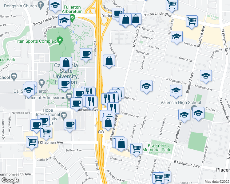 map of restaurants, bars, coffee shops, grocery stores, and more near 2920 East Ruby Drive in Fullerton