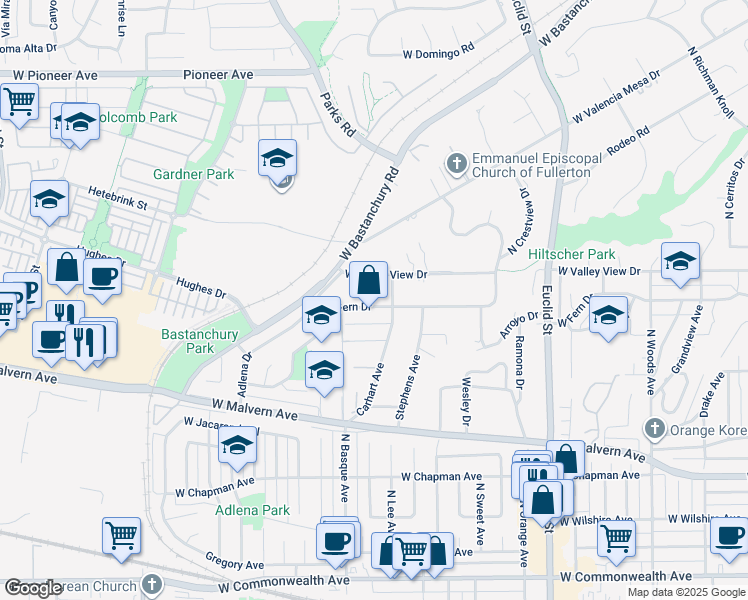 map of restaurants, bars, coffee shops, grocery stores, and more near 1318 West Valley View Drive in Fullerton