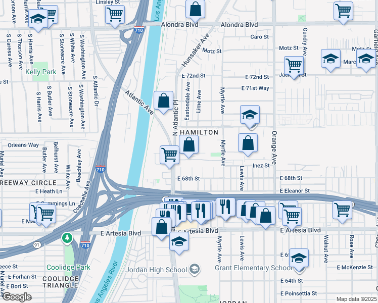 map of restaurants, bars, coffee shops, grocery stores, and more near 6920 Eastondale Avenue in Long Beach
