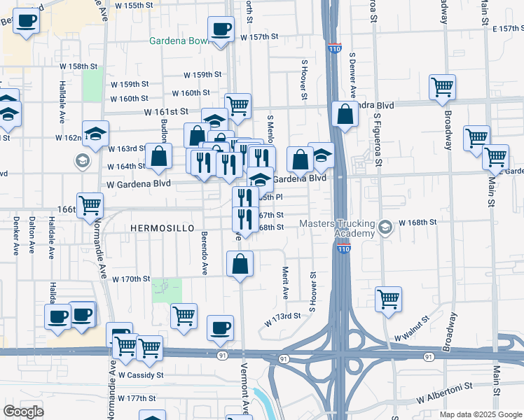 map of restaurants, bars, coffee shops, grocery stores, and more near 812 West 165th Place in Gardena