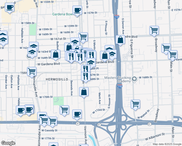 map of restaurants, bars, coffee shops, grocery stores, and more near 812 West 165th Place in Gardena