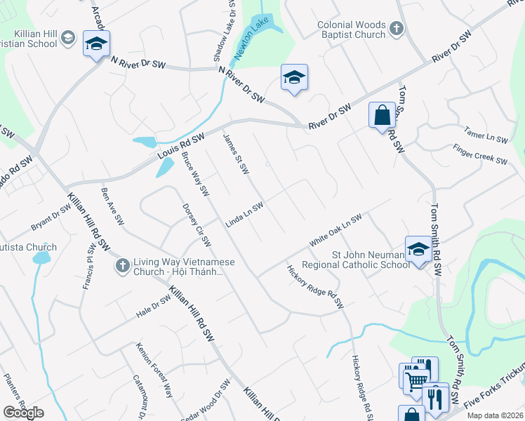 map of restaurants, bars, coffee shops, grocery stores, and more near 4128 Linda Lane Southwest in Lilburn