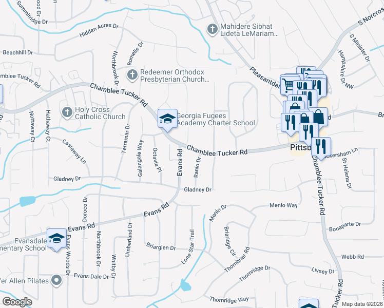 map of restaurants, bars, coffee shops, grocery stores, and more near 4095 Chamblee Tucker Road in Doraville