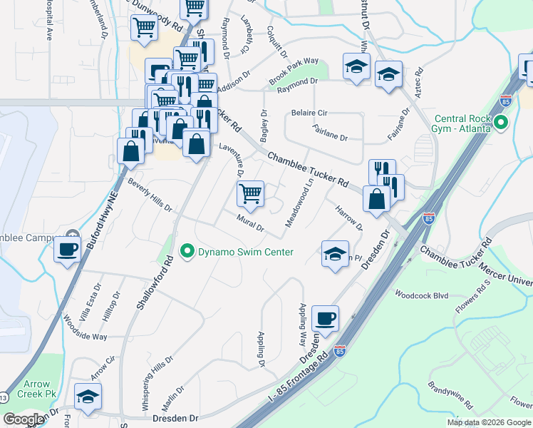 map of restaurants, bars, coffee shops, grocery stores, and more near 2716 Meadow Mere East in Atlanta