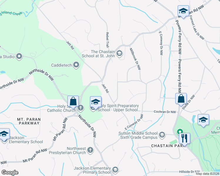 map of restaurants, bars, coffee shops, grocery stores, and more near 4575 Jett Road in Atlanta