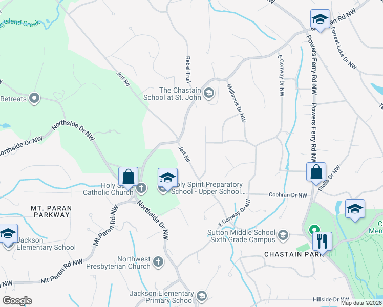 map of restaurants, bars, coffee shops, grocery stores, and more near 4575 Jett Road in Atlanta