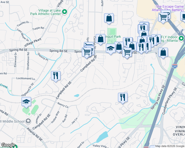 map of restaurants, bars, coffee shops, grocery stores, and more near 1200 Bickham Way Southeast in Smyrna