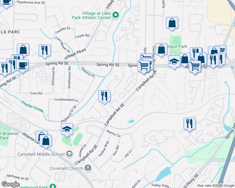 map of restaurants, bars, coffee shops, grocery stores, and more near 1507 Countryside Place in Smyrna