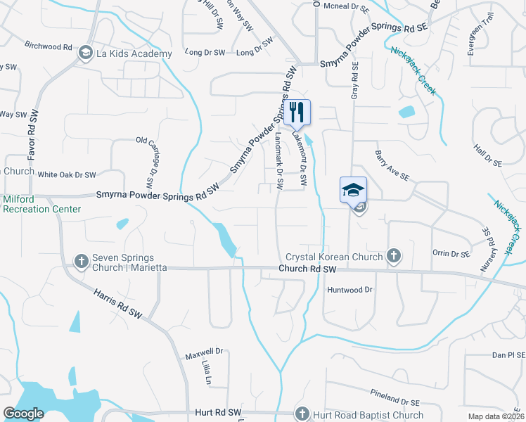 map of restaurants, bars, coffee shops, grocery stores, and more near 211 Robbie Lane in Marietta