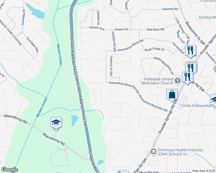 map of restaurants, bars, coffee shops, grocery stores, and more near 3077 Saragossa Way Southwest in Marietta