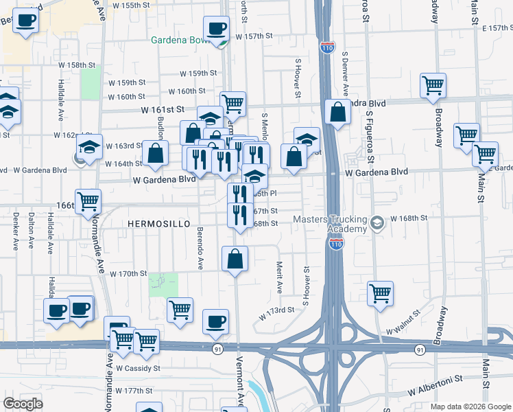 map of restaurants, bars, coffee shops, grocery stores, and more near 812 West 165th Place in Gardena