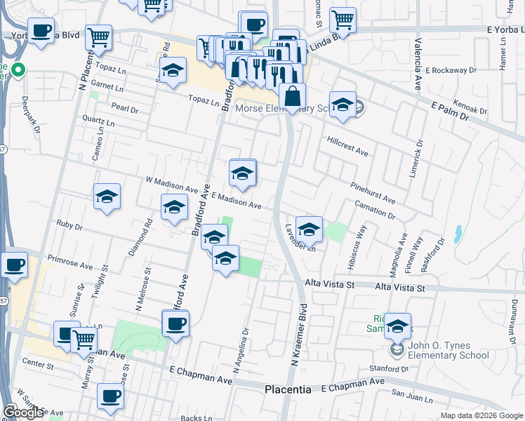map of restaurants, bars, coffee shops, grocery stores, and more near 220 East Madison Avenue in Placentia