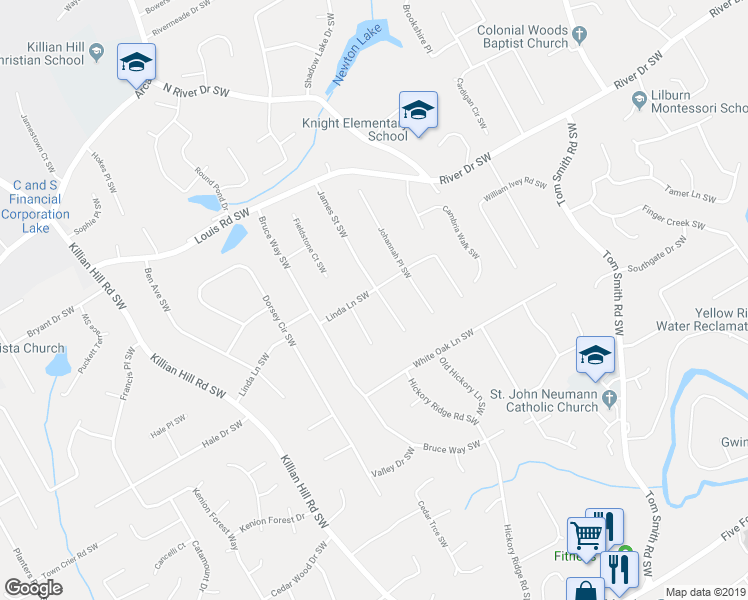 map of restaurants, bars, coffee shops, grocery stores, and more near 4128 Linda Lane Southwest in Lilburn