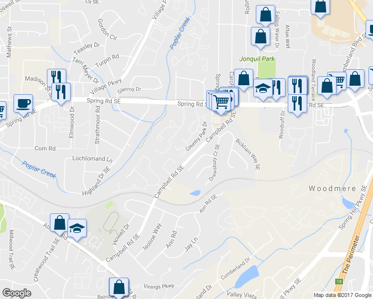 map of restaurants, bars, coffee shops, grocery stores, and more near 2505 Country Park Drive in Smyrna