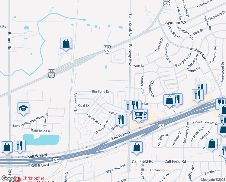 map of restaurants, bars, coffee shops, grocery stores, and more near 4816 Big Bend Drive in Wichita Falls