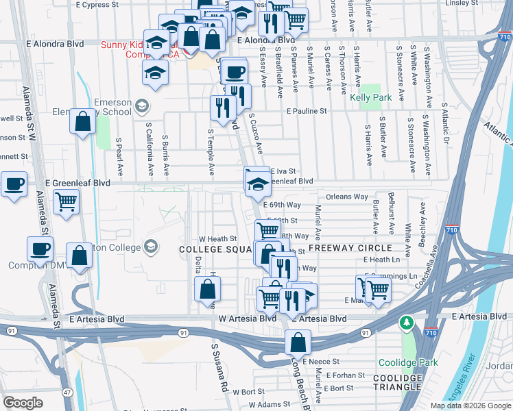map of restaurants, bars, coffee shops, grocery stores, and more near Long Beach Boulevard & East 69th Way in Long Beach