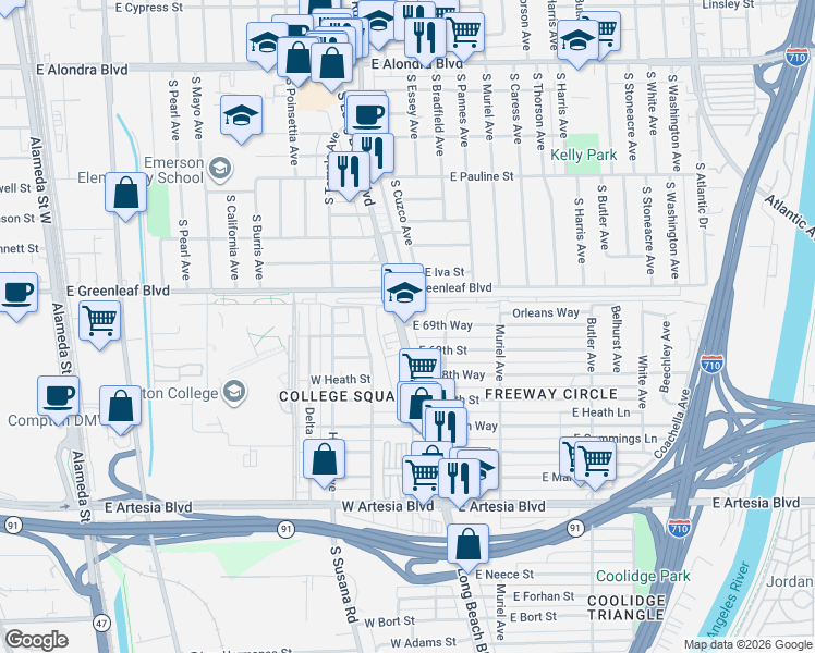 map of restaurants, bars, coffee shops, grocery stores, and more near 140 East 69th Way in Long Beach