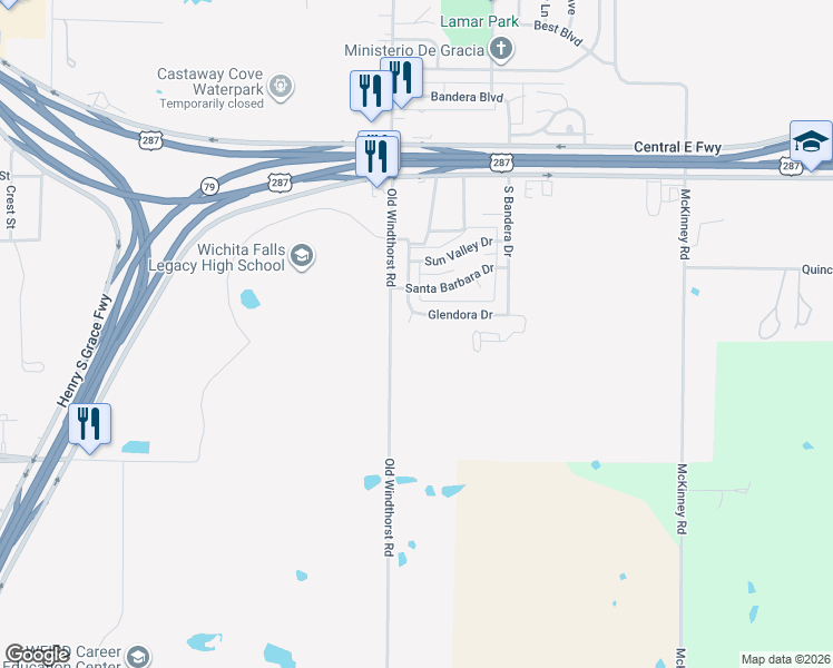 map of restaurants, bars, coffee shops, grocery stores, and more near 3002 Southridge Drive in Wichita Falls