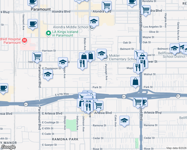 map of restaurants, bars, coffee shops, grocery stores, and more near 17002 Downey Avenue in Long Beach