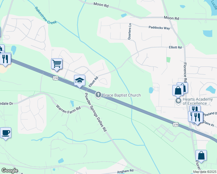 map of restaurants, bars, coffee shops, grocery stores, and more near 5638 Berney Circle in Powder Springs