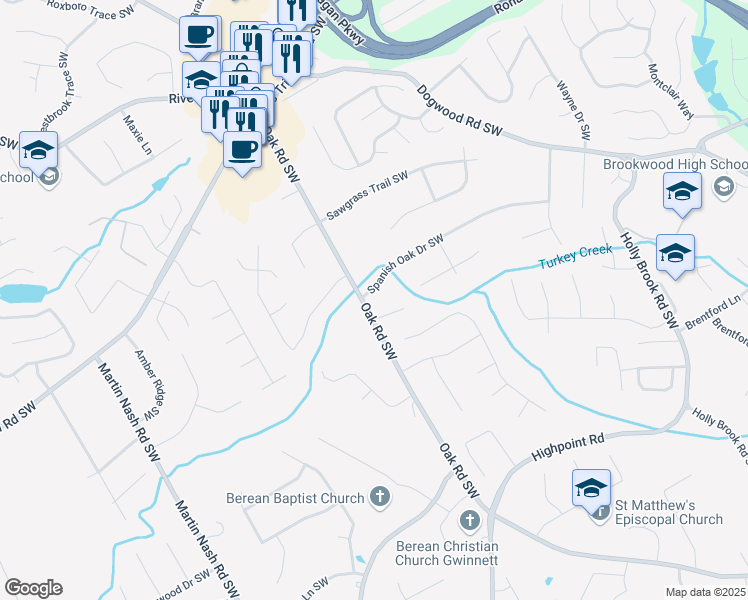 map of restaurants, bars, coffee shops, grocery stores, and more near 2996 Spanish Oak Drive Southwest in Lilburn