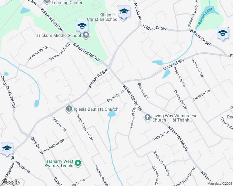 map of restaurants, bars, coffee shops, grocery stores, and more near 4421 Bryant Drive Southwest in Lilburn