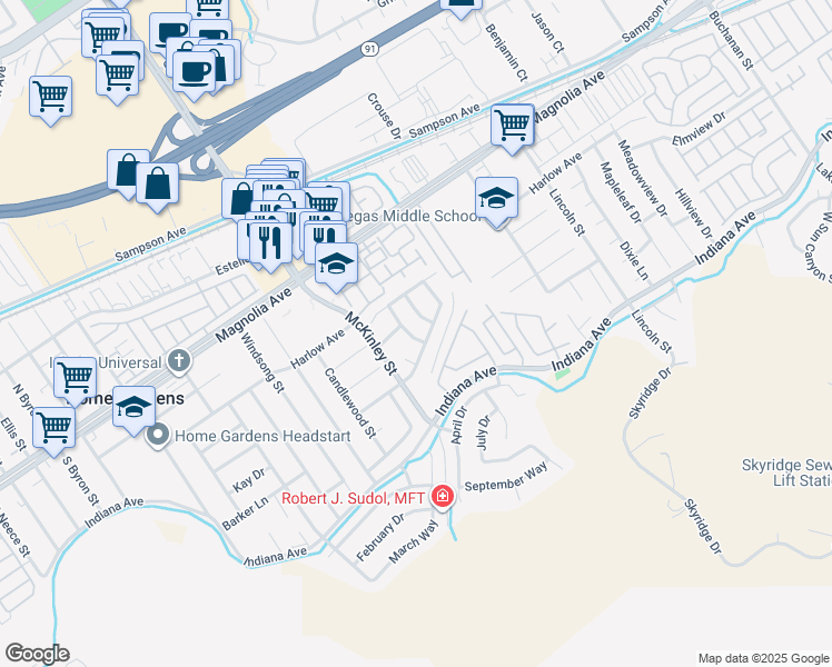 map of restaurants, bars, coffee shops, grocery stores, and more near 3631 Snowdrift Drive in Riverside