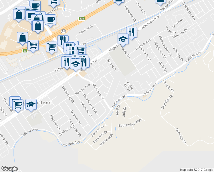 map of restaurants, bars, coffee shops, grocery stores, and more near 3631 Snowdrift Drive in Riverside