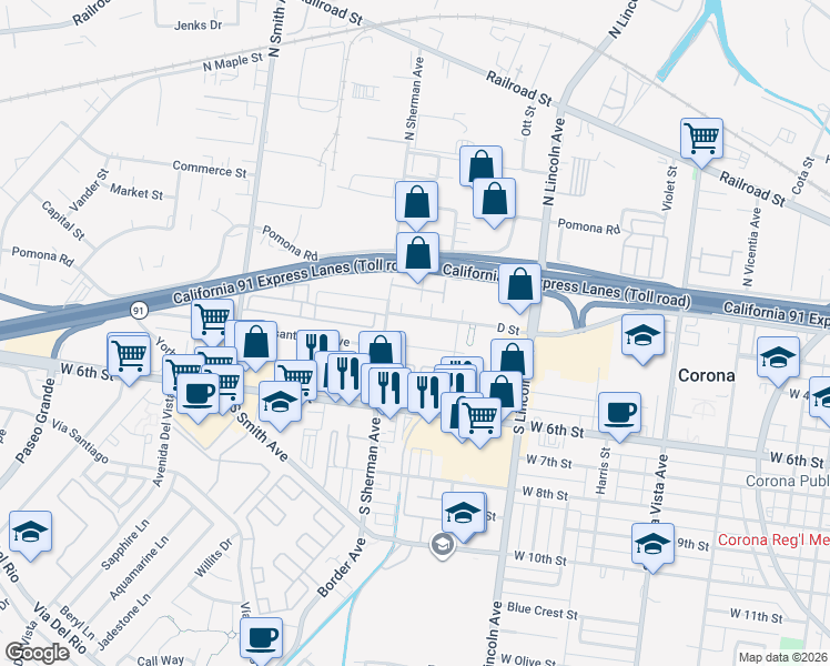 map of restaurants, bars, coffee shops, grocery stores, and more near 1239 E Street in Corona