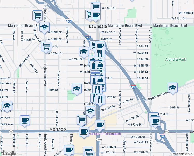 map of restaurants, bars, coffee shops, grocery stores, and more near Hawthorne Boulevard & West 166th Street in Lawndale