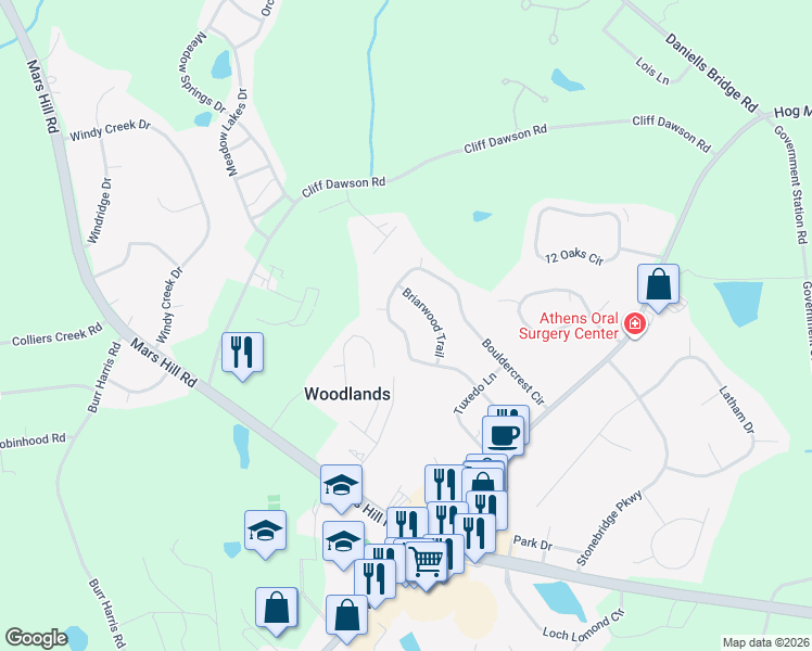 map of restaurants, bars, coffee shops, grocery stores, and more near 1230 Bouldercrest Circle in Watkinsville