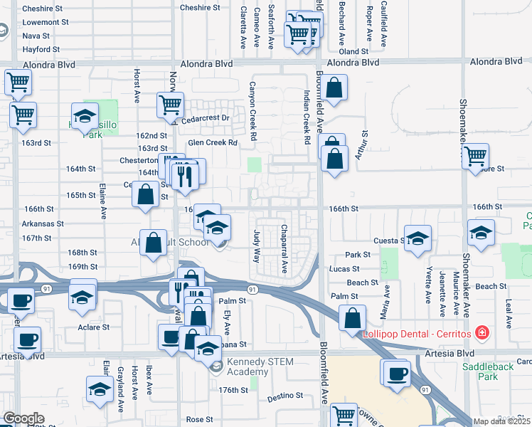map of restaurants, bars, coffee shops, grocery stores, and more near 16525 Bluegrass Lane in Cerritos