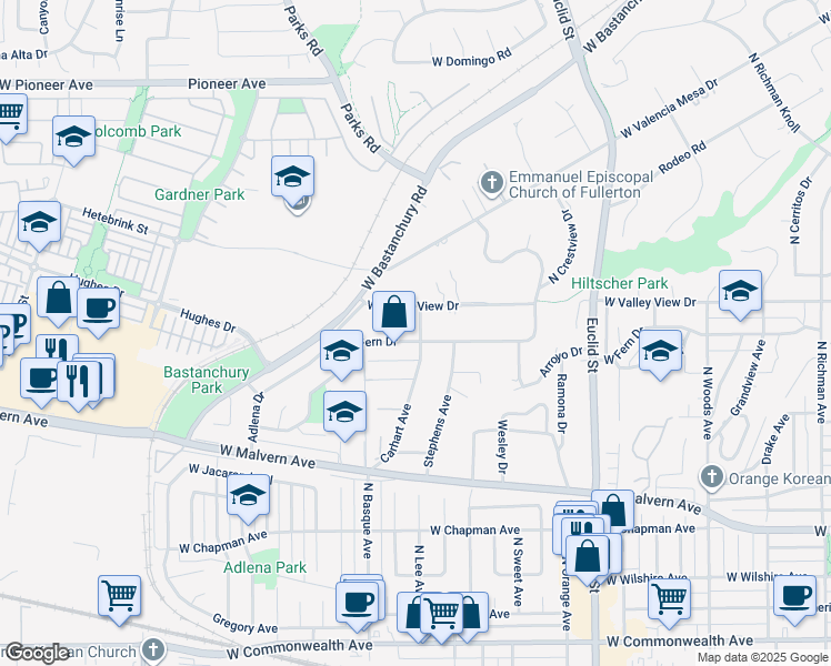 map of restaurants, bars, coffee shops, grocery stores, and more near 1301 West Fern Drive in Fullerton