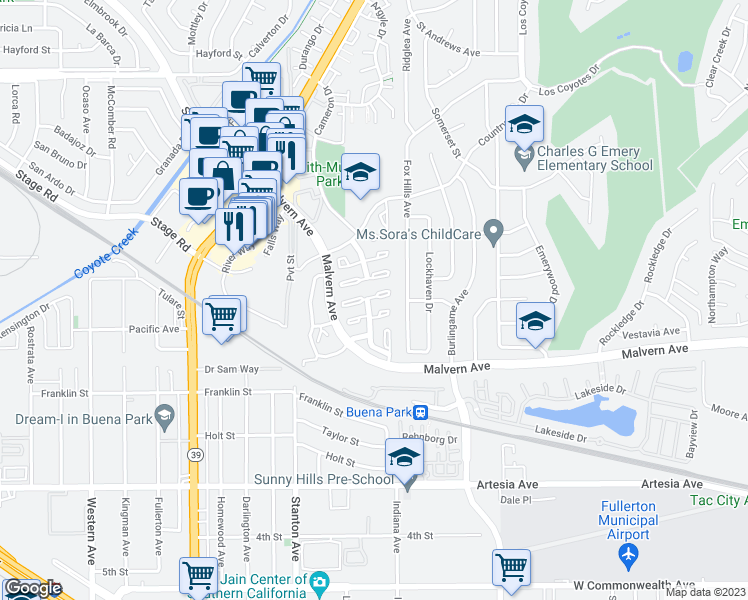 map of restaurants, bars, coffee shops, grocery stores, and more near 5574 Elsinore Avenue in Buena Park