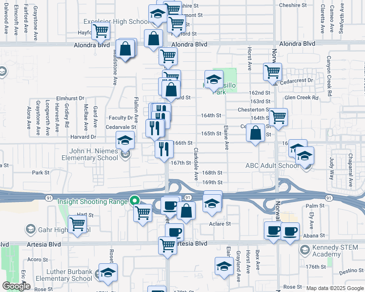 map of restaurants, bars, coffee shops, grocery stores, and more near 11838 166th Street in Artesia