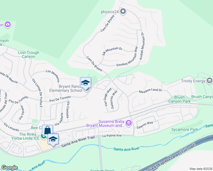 map of restaurants, bars, coffee shops, grocery stores, and more near 23985 Nicole Way in Yorba Linda