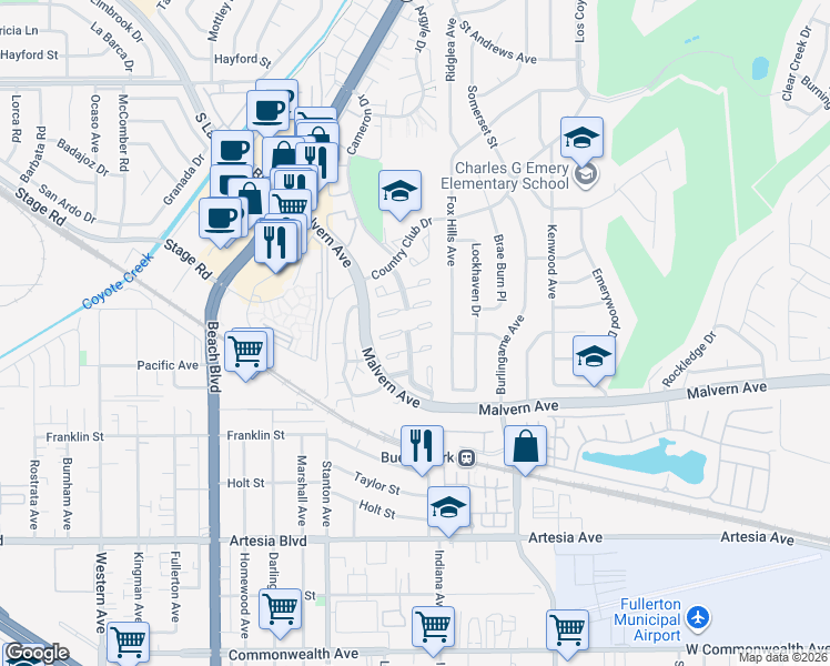 map of restaurants, bars, coffee shops, grocery stores, and more near 5574 Elsinore Avenue in Buena Park