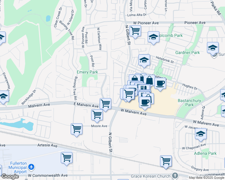map of restaurants, bars, coffee shops, grocery stores, and more near 919 Creekside Drive in Fullerton