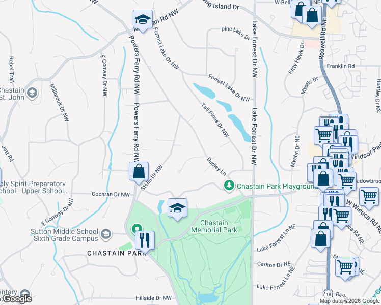 map of restaurants, bars, coffee shops, grocery stores, and more near 4591 Stella Drive Northwest in Atlanta