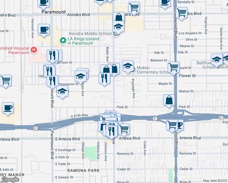 map of restaurants, bars, coffee shops, grocery stores, and more near 3499 East 69th Street in Long Beach
