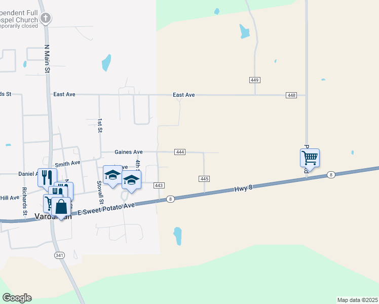 map of restaurants, bars, coffee shops, grocery stores, and more near 19 County Road 444 in Vardaman