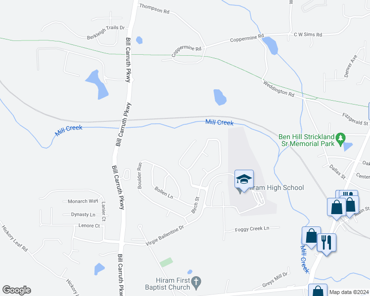 map of restaurants, bars, coffee shops, grocery stores, and more near 211 Baywood Crossing in Hiram